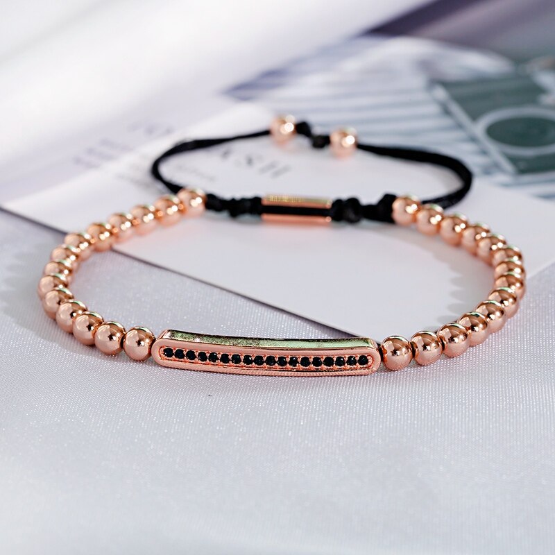 Luxe lange pavé geweven armband met cz zirkonia voor heren en dames, bedelarmband van koperen kralen: Roségoud