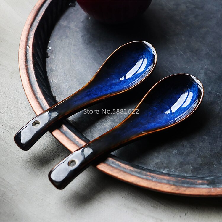 Deep Blue Ceramic Dinner Soup Spoon Ketchup Sauce Dish Spoon