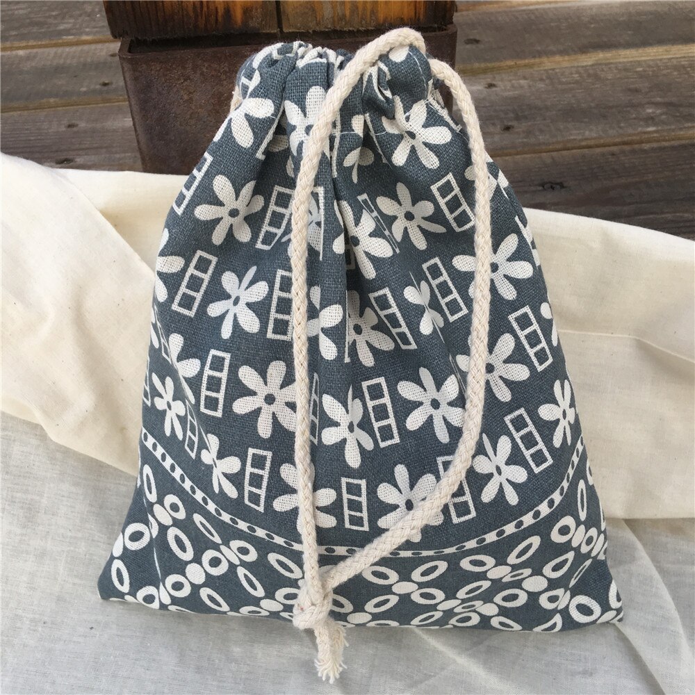 YILE Cotton Linen Drawstring Sorted Pouch Party Bag Grey Geometry Flower 8914e