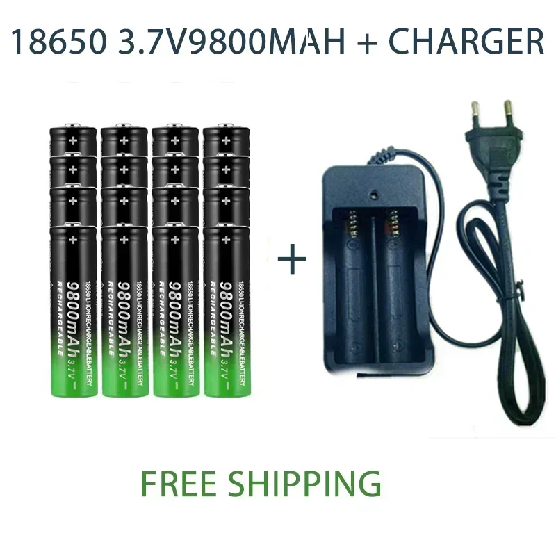 18650 Rechargeable Battery 3.7V 9800mAh Li-ion for Flashlight Torch with Charger High Capacity Portable Power Cell: Blue