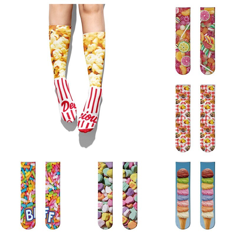 Popcorn Print Sports Socks Unisex Funny Creativity Candy Hamburger Long Socks Men Cycling Running Basketball Thigh High Socks