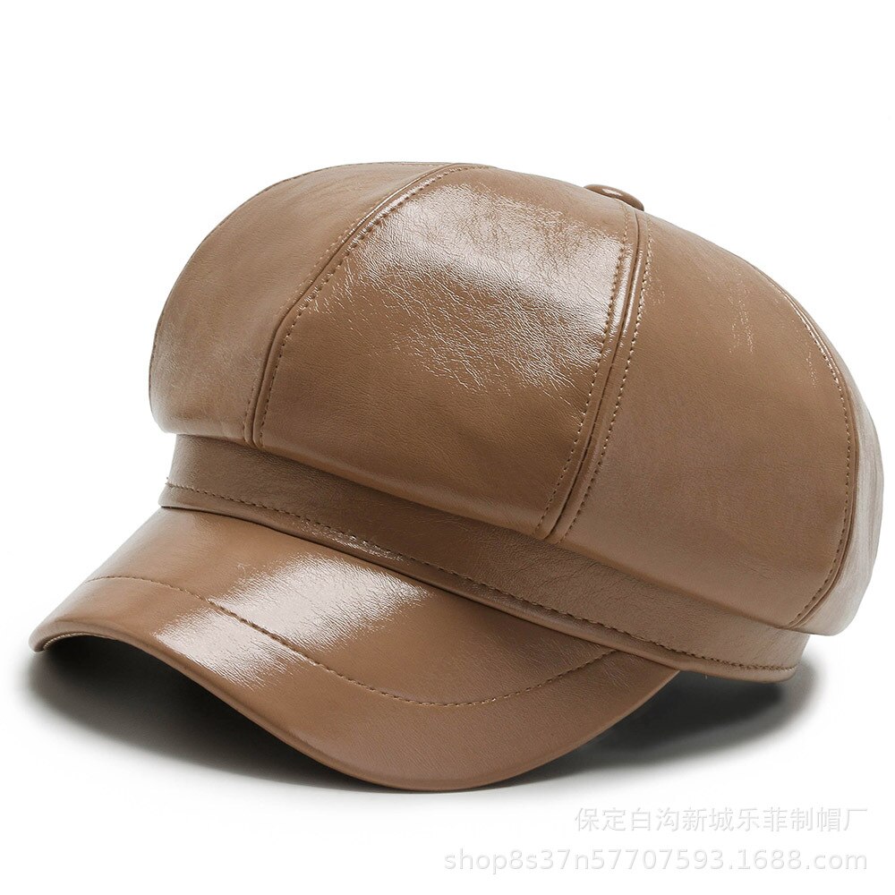 HOAREE rouge casquette gavroche femmes Vintage en cuir Pu automne hiver chapeaux pour femmes solide dames béret femme octogonale chapeau: Kaki