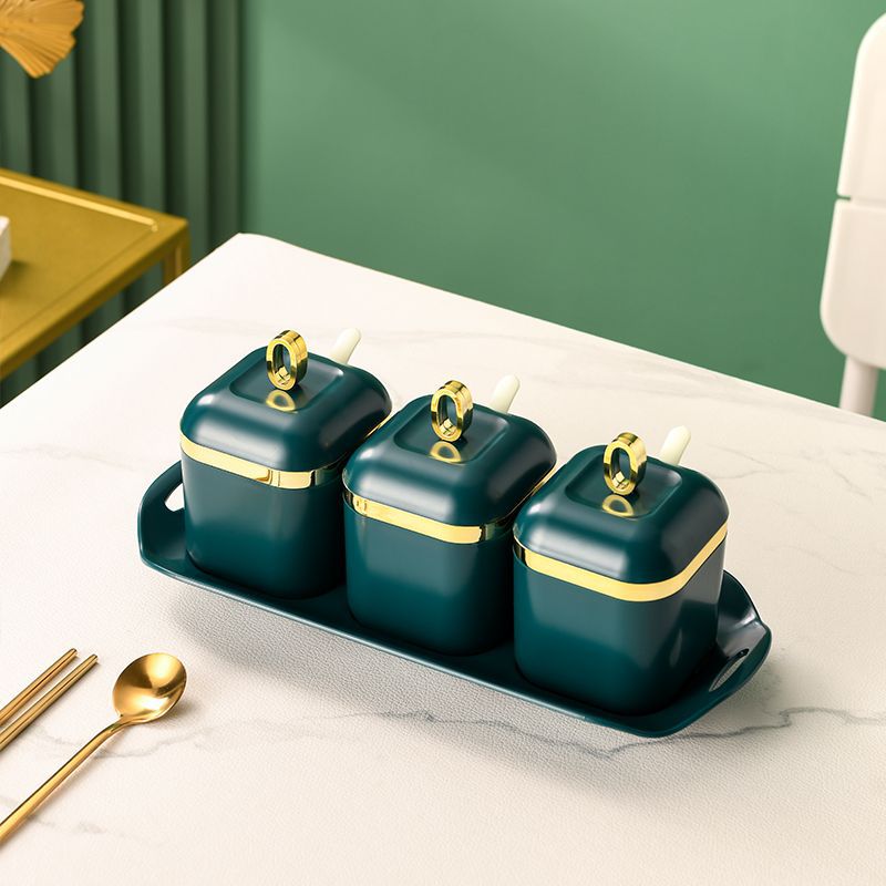 3/4Pcs Plastic Kruiden Tank Keuken Zout Shaker Opslag Organisatie Gereedschap Spice Container Bus Set Familie Spice Organisator: 3Grids-Green