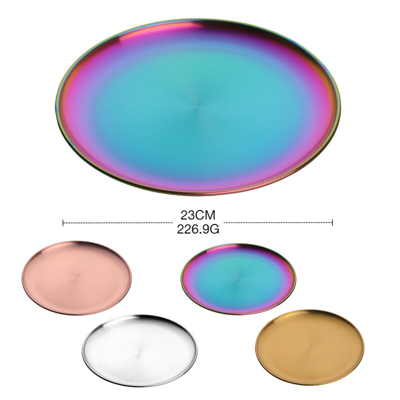 4Colors Stainless Steel Tableware Dinner Plate Food Container Salad Dessert Fruit Services Dish Western Steak Round Dessert Tray