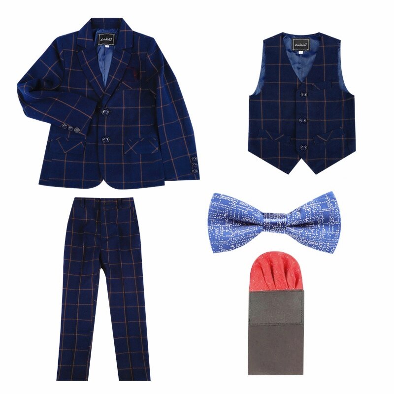 Formal Boys Slim Suits Sets Children Performance Party Wedding Costume Kids Boys Plaid Blazer Vest Trousers Bowtie Clothing Set: blue 3pcs / 7T