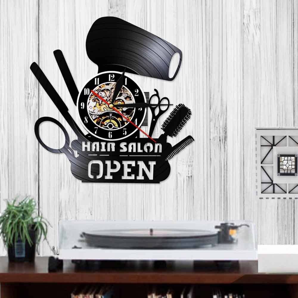 Hair Salon Open Vinyl Record Lamp Night Light Barber Shop LED Wall Clock Comb Scissors Hair Dryer Modern Slient Watch