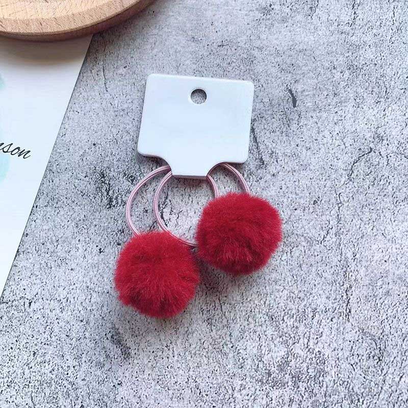 2 Stks/partij Leuke Haarbal Haarband Snoep Kleur Pompom Elastische Elastiekjes Baby Girl Kids Haar Accessoires: wine