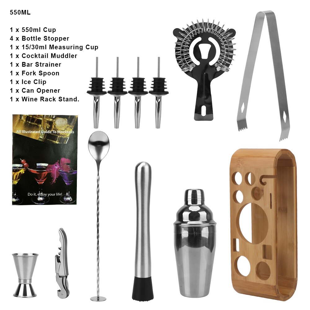 Bars Mixed Drinks Mocktail Tools Bartender Tools Jigger Mixing Spoon Tong Stainless Steel Cocktail Shaker Set Wood Storage Stand: 550ml
