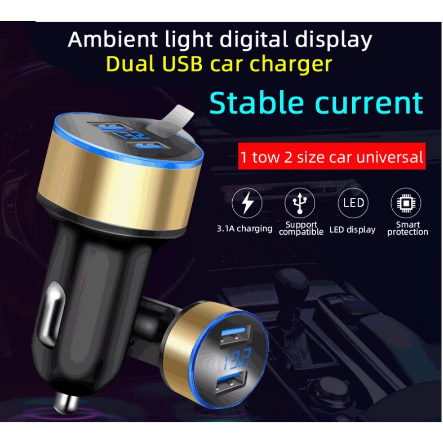 3.1A Autolader Voor Sigarettenaansteker 12V 2 Port Dual Usb Quick Fast Opladen Auto Kosten Met Led Display voltmeter Voor Auto &#39;S