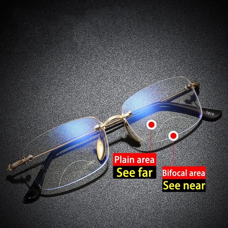 Færdige bifokale anti blue ray læse briller mænd kantløse vintage metalramme presbyopi briller 1.50 diopter gafas para leer