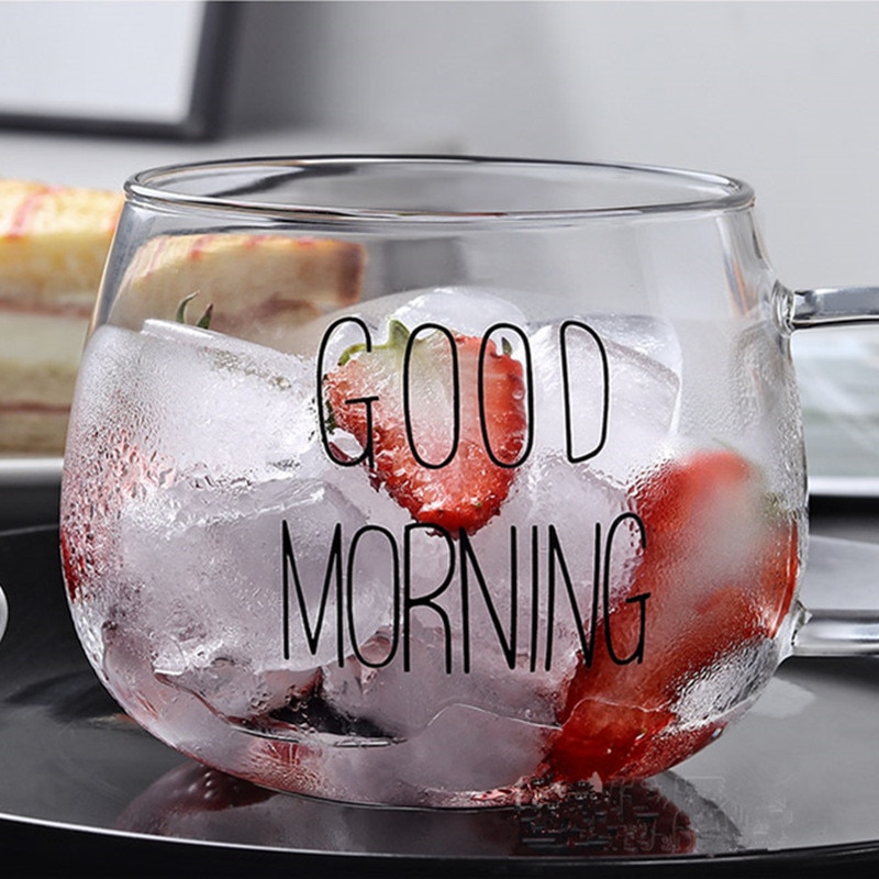 Letter Printed Transparent Glass Coffee Tea Drinks Dessert Breakfast Milk Cup Glass Mugs Handle Drinkware