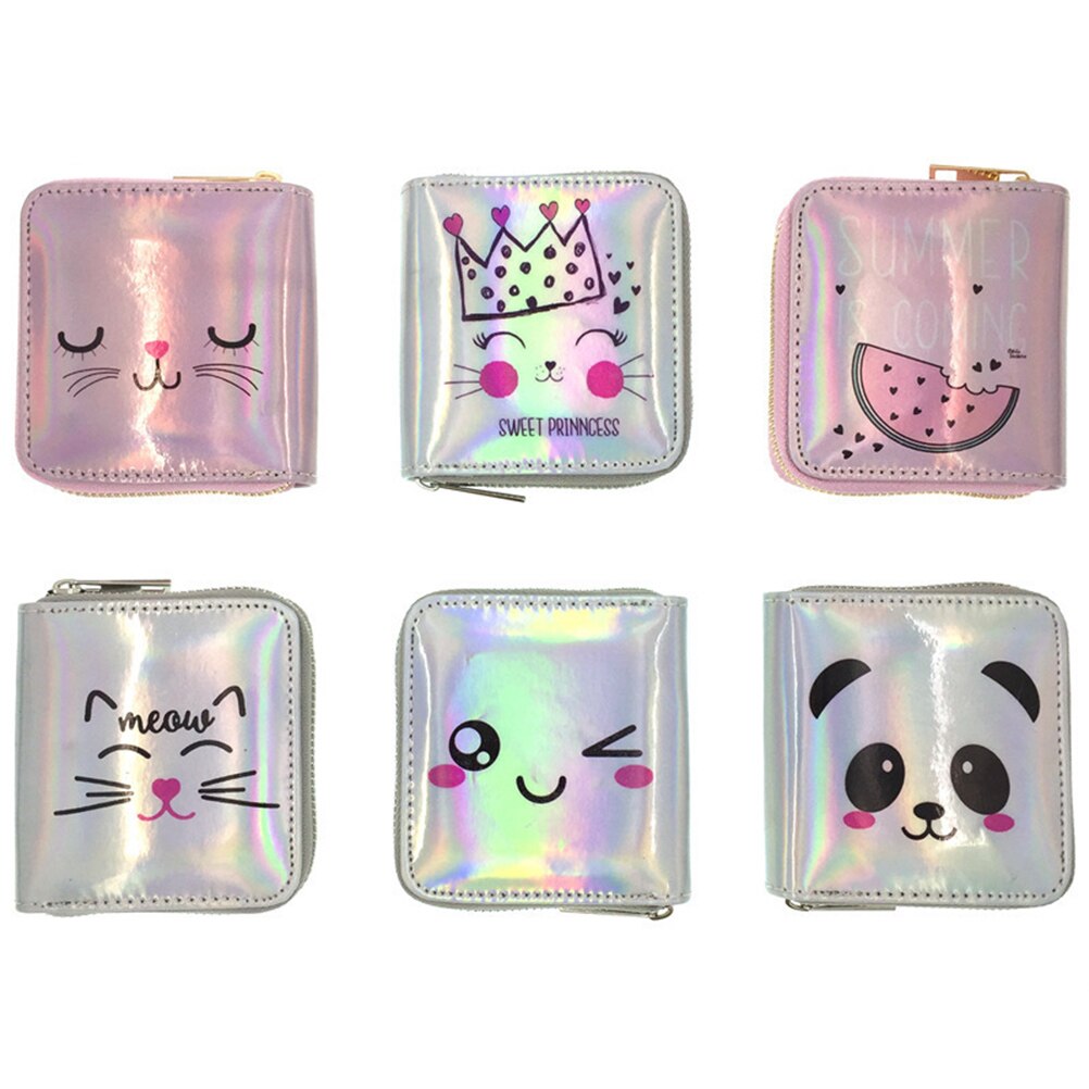 Femmes hologramme portefeuille porte-monnaie en cuir PU sac à main carte à glissière porte-pochette femmes dessin animé mignon petits portefeuilles pochette