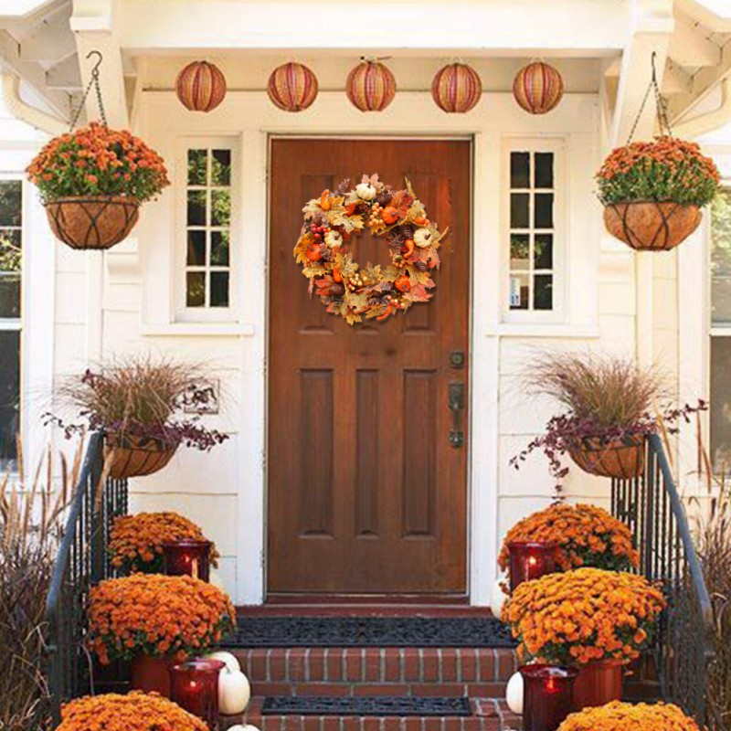 50cm Kunstmatige Pompoen Krans Herfst Oogst Esdoornblad Voordeur Guirlande Thanksgiving Decoratie Halloween Party Benodigdheden