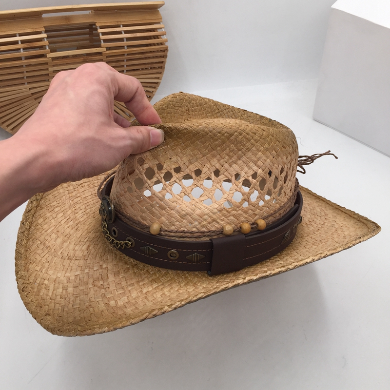 Natural Straw Cowboy Hat Women Men Handmade Weave Punk Cowboy Hats For Lady Tassel Summer Western Sombrero Hombre Lifeguard Hats