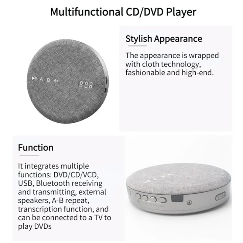 Tragbare CD-Player, multifunktionaler wiederaufladbarer DVD/VCD-Player, Walkman mit Lautsprecher, Bluetooth, USB, MP3, spielbarer Audio-Player