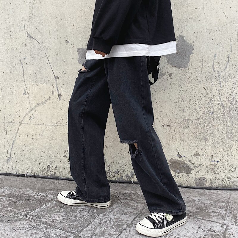 Pantalones vaqueros rectos rasgados para hombre, ropa de calle clásica, color negro, para las cuatro estaciones, S-5XL