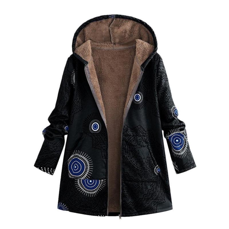 Womens Casual Winter Coat jacket Warm velvet Outwear Floral Print Hooded Pockets Zipper Print Ethnic Style Outwear: Black / L
