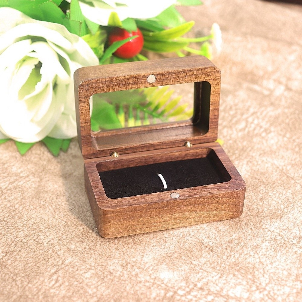 Caja de anillo de madera con doble ranura, ventana de apertura Rectangular, caja de gemelos de nogal negro, exquisito soporte para anillo de joyería a prueba de polvo