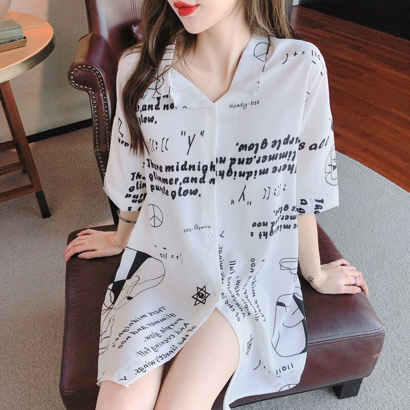 Zomer Vrouwen Wit Nachthemd Nachtkleding Turn-Down Kraag Sexy Chiffon Casual Modieuze Pyjama Halve Mouwen Print