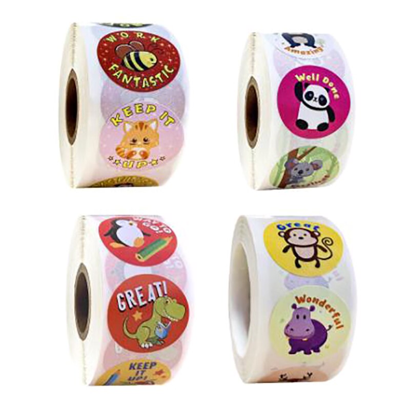 500Pcs/Roll Kids Motivatie Stickers Beloning Stickers Aanmoediging Sticker Roll Met Leuke Dieren (Willekeurige Levering)