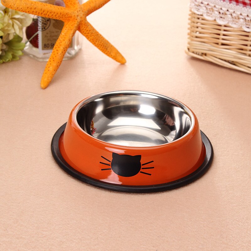 Stainless Steel Dog Bowl Cute Orange Cartoon Print Cats Bowls Food Drink Water Feeder Pets Dog Dish Feeder Tableware