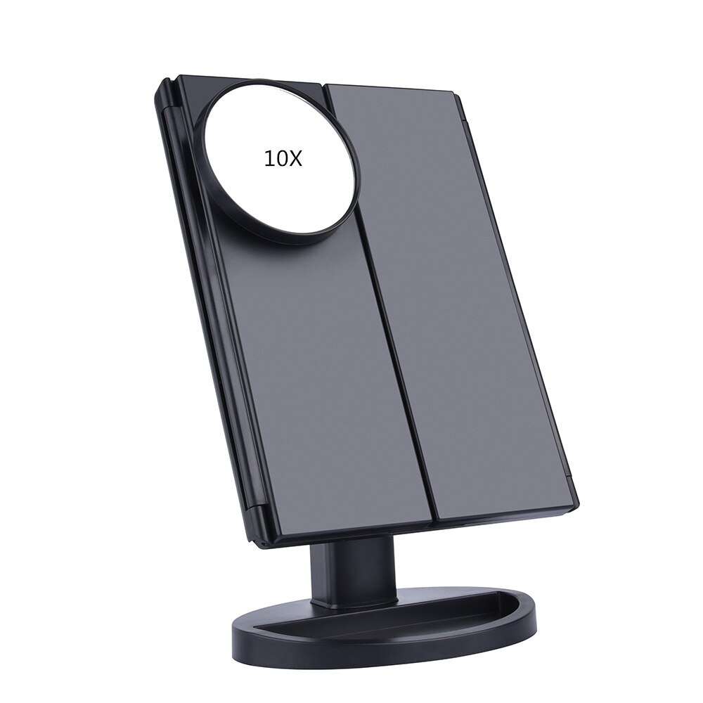 3 farver lys berøringsskærm led makeup spejl bord skrivebord forfængelighed forstørrelsesspejle 3 folde justerbare spejl makeup værktøjer: Sort med 10x