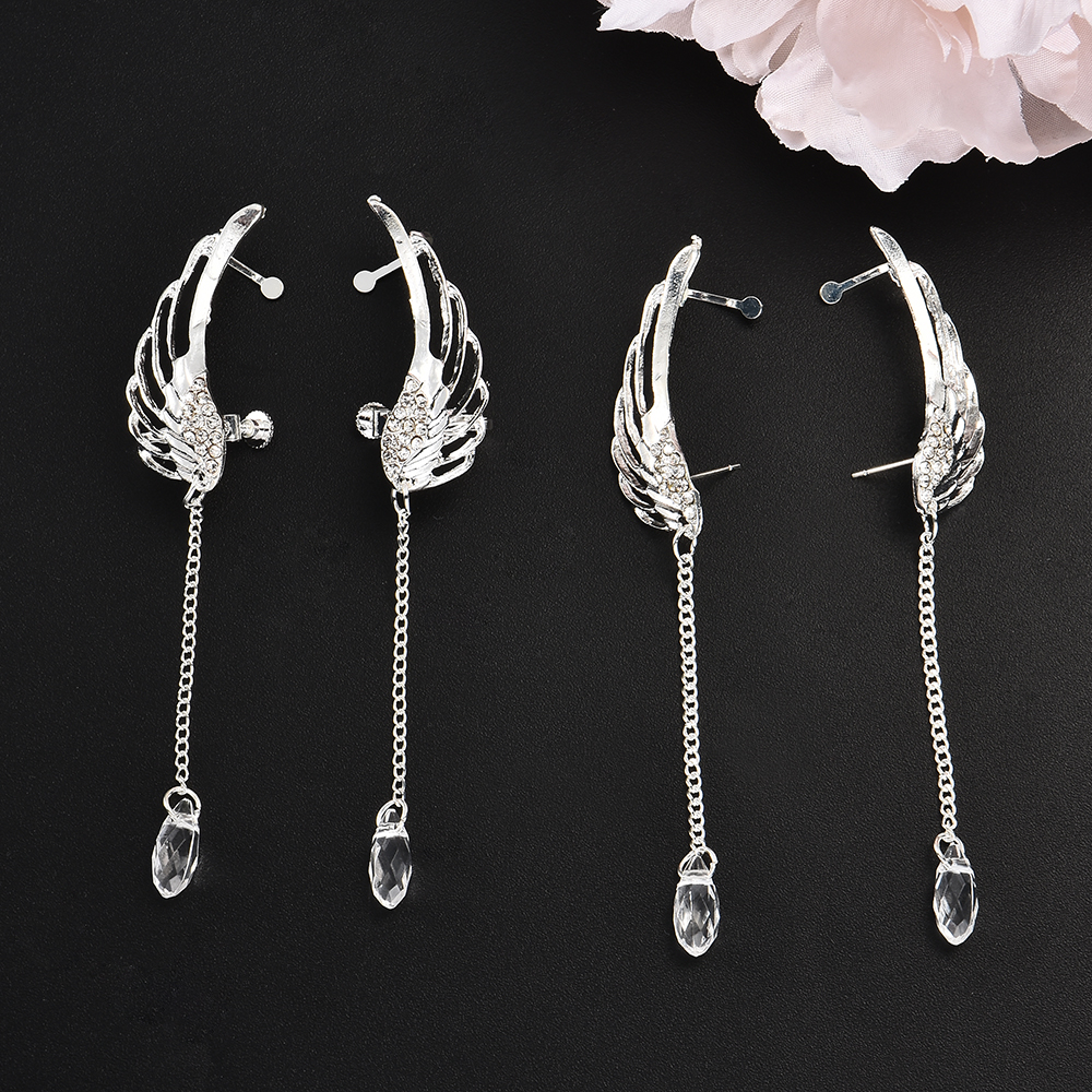 Plated Angel Wing Stylist Crystal Oorbellen Dangle Ear Stud Voor Vrouwen Lange Manchet Oorbel