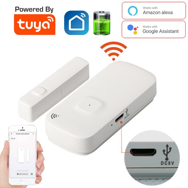 Tuya dørsensor med batteri genopladningsport trådløs magnetisk vinduesdetektor magnetkontakt åben alarm smart life alexagoogle: Med batteri(usb)