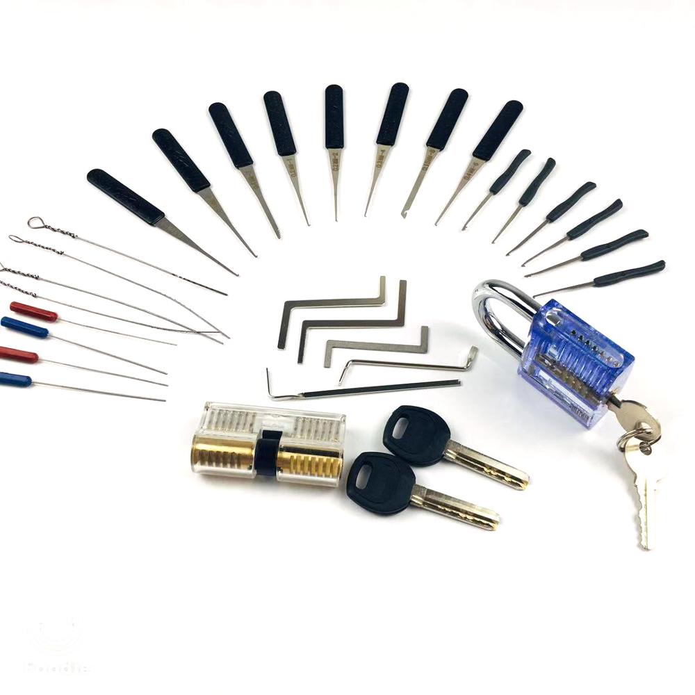 ! 2PCS Transparent Lock with 14pcs Broken Key Extractor Pick Set,2pcs Tension Wrench Tool Locksmith Kit: 5-C
