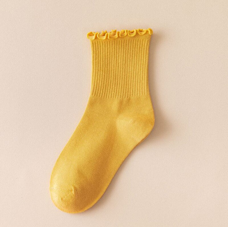 Röyhelöiset röyhelösukat naisille pitsiset söpöt yksivärinen harajuku puuvilla kawaii onnellinen syksy talvi pitkät korkeat naisen sukat tyttöjen sukat: Keltainen
