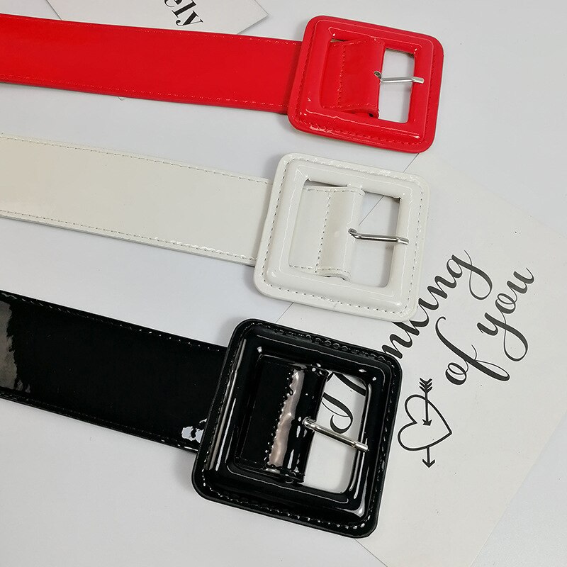 Summer Shiny Patent Leather Large Wide Belt Ladies Dress Girdle Red Black White Elastic Retro Casual Belt