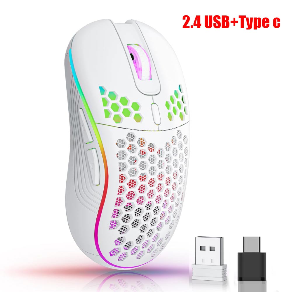 2.4G USB en Type-C draadloze gamingmuis RGB-achtergrondverlichting Oplaadbare verstelbare DPI Ergonomische muizen voor pc Laptop Mac Android: Black