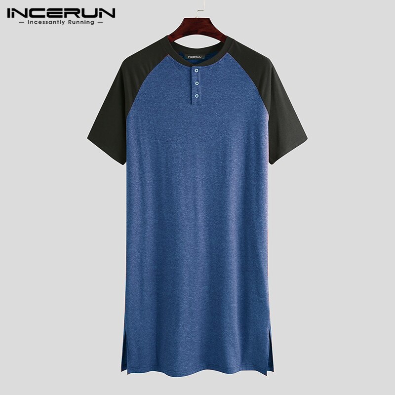 Man Sleep Tops Summer Short Sleeve Round Neck Patchwork Sleepclothes Men Sleepwear Nightshirts Loose Nightwear Homewear INCERUN: Blue / XXXL