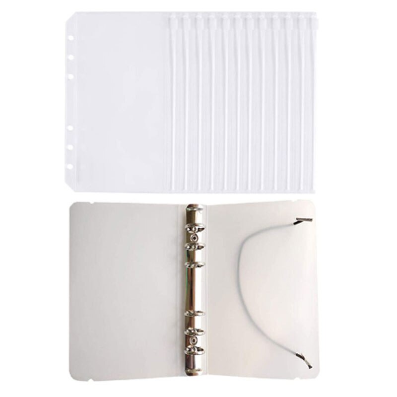 12 Stks/partij A6 6 Gaten Pvc File Organizer Opslag Rits Map En 1Pc 6 Ring Notebook Cover Planner Collection bindmiddel Document: White