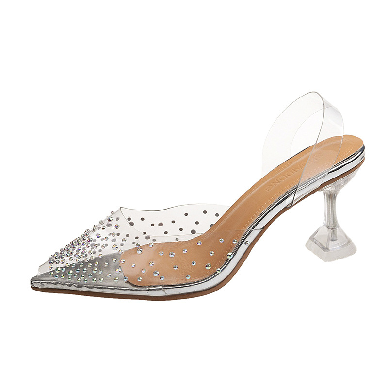 Transparent krystal bryllupsfest sko til kvinder høje hæle sandaler tynde hæle slingback pumps dame sko efterår kvinder sko: 7 cm sølv / 36