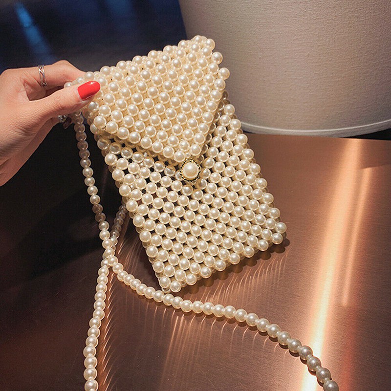 Stock Local femmes Tissé À La Main Sac De Perles Blanc Femmes Perlée Rouge À Lèvres Poche Sac INS: Beige