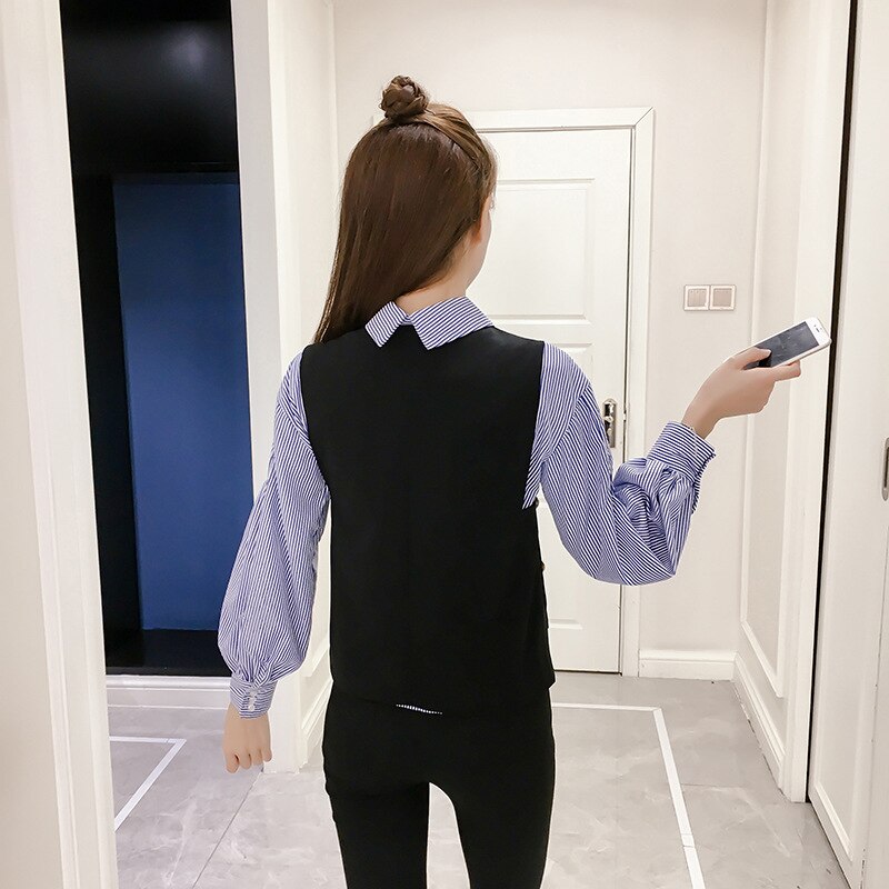 Neploe primavera para mujer a rayas camisa de manga larga y chaleco dos piezas mujeres Blusa de manga larga Chaleco Corto establece 66369