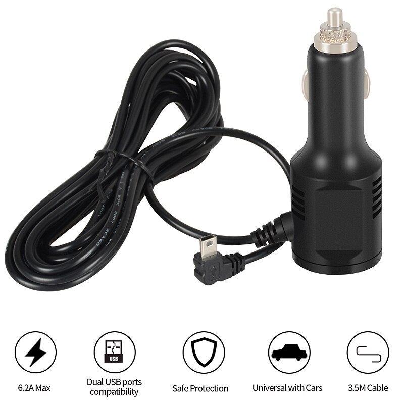 3.5m 5v 3.5a gebogen mini usb autolader met 2 usb poorten voor auto dvr camera gps video recorder ingang  dc12v-36v