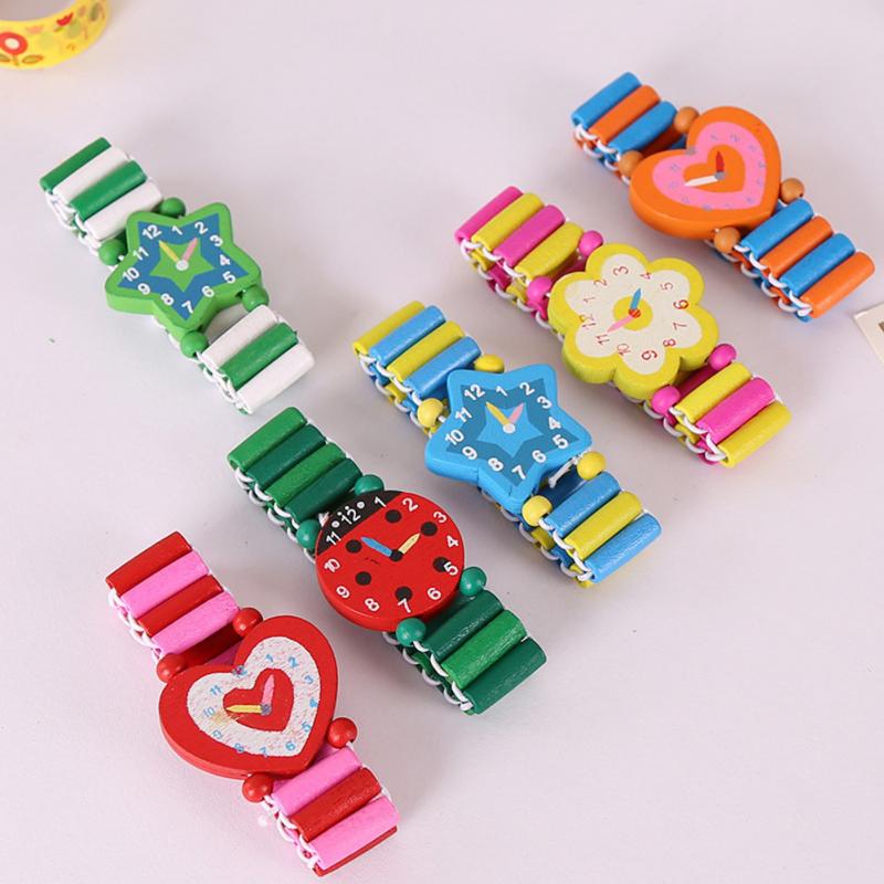 Babys Kids Cartoon Wooden Crafts Wristwatches Bracelet Watch Toy Children Student Xmas Toys Random Style Color