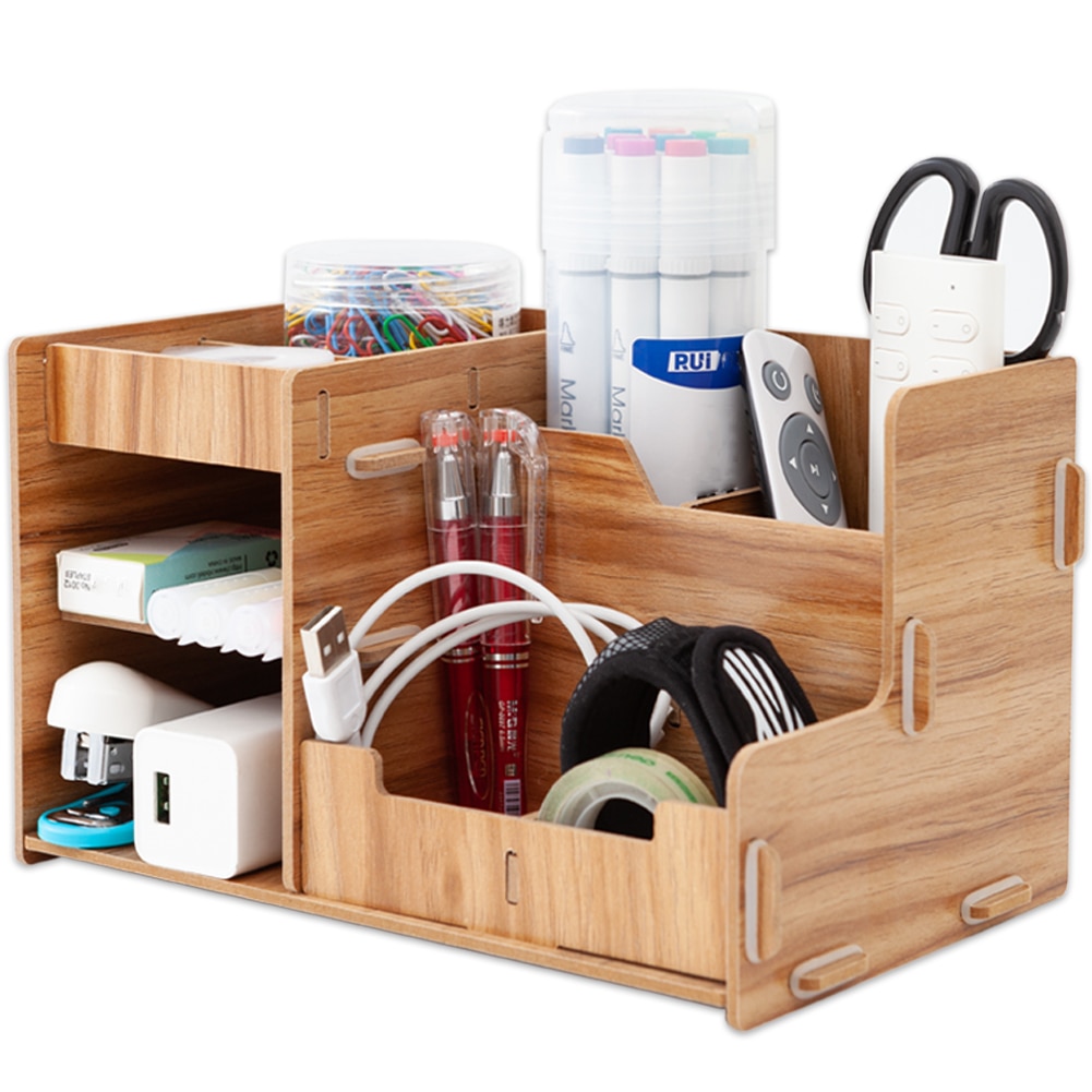 Wooden Office Desk Organizer DIY Document File Multifunction Accessories Storage Magazine Book Shelf pen pencil holder: A brown