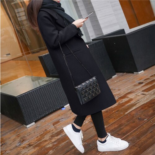 Winterjas dames zwarte boyfriend jas dames koreaanse fluwelen jas warme casual lange cardigan herfst wollen jas cape: Zwart / Ik