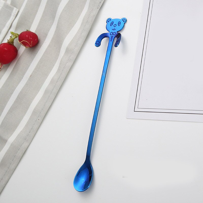 20 cm Panda lindo cuchara de café de acero inoxidable cuchara con forma de Panda cucharadita de postre de cuchara helado Mini vajilla de cucharas: Azul