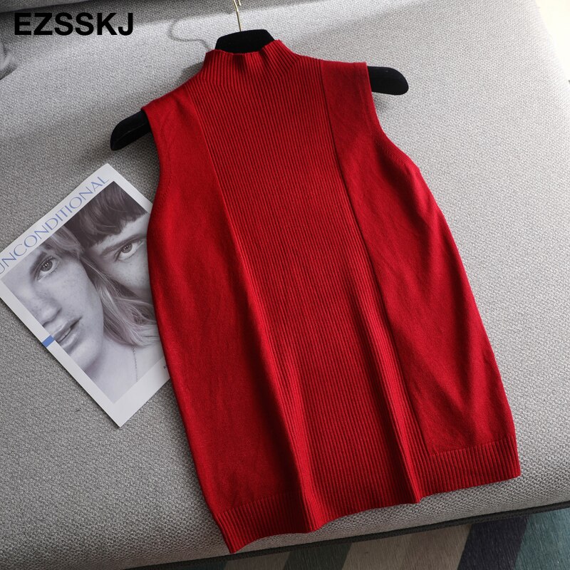 Sexig stickad topp vår höst tröja linne dam blus ärmlös v-ringad lös topp kvinnlig tröja väst topp: Röd