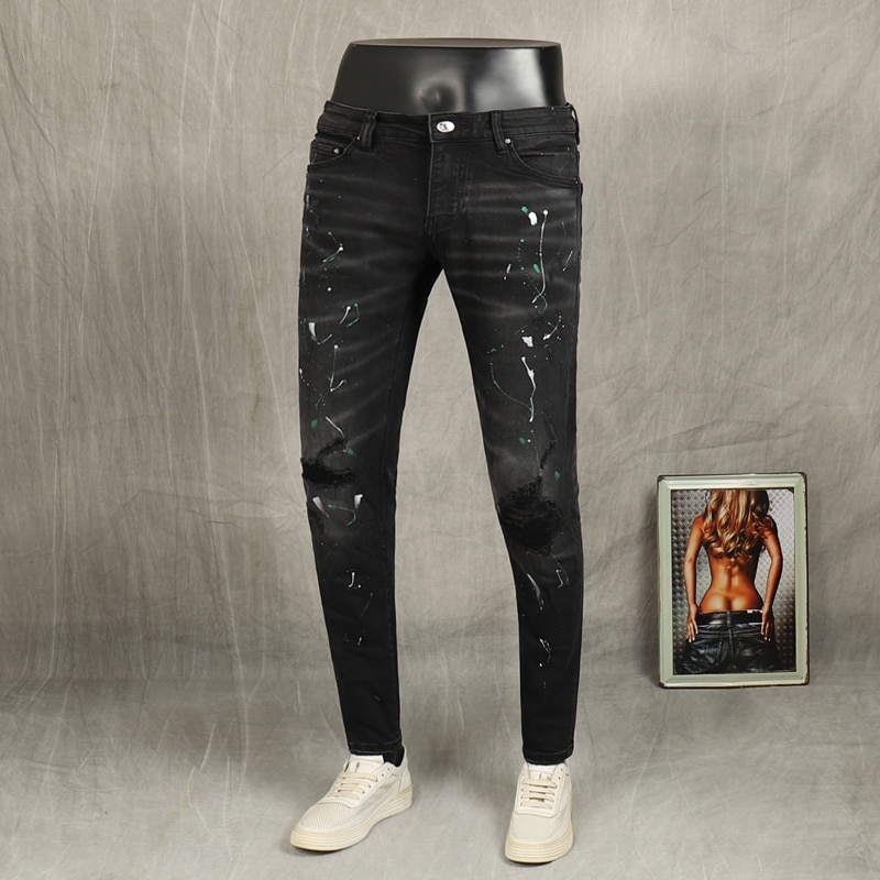 American streetwear mænd jeans sort farve malet rippet denim punk bukser elastisk slim fit hip hop bukser