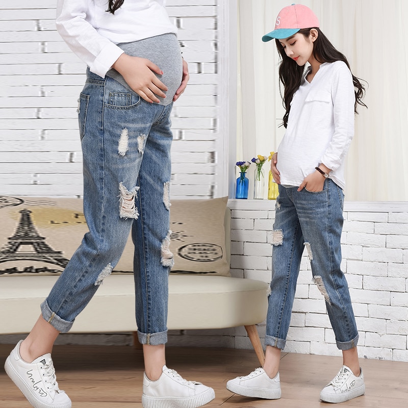 Hul jeans til gravide ammende bukser moderskabstøj elastisk talje denim mave graviditetsbukser løs ben