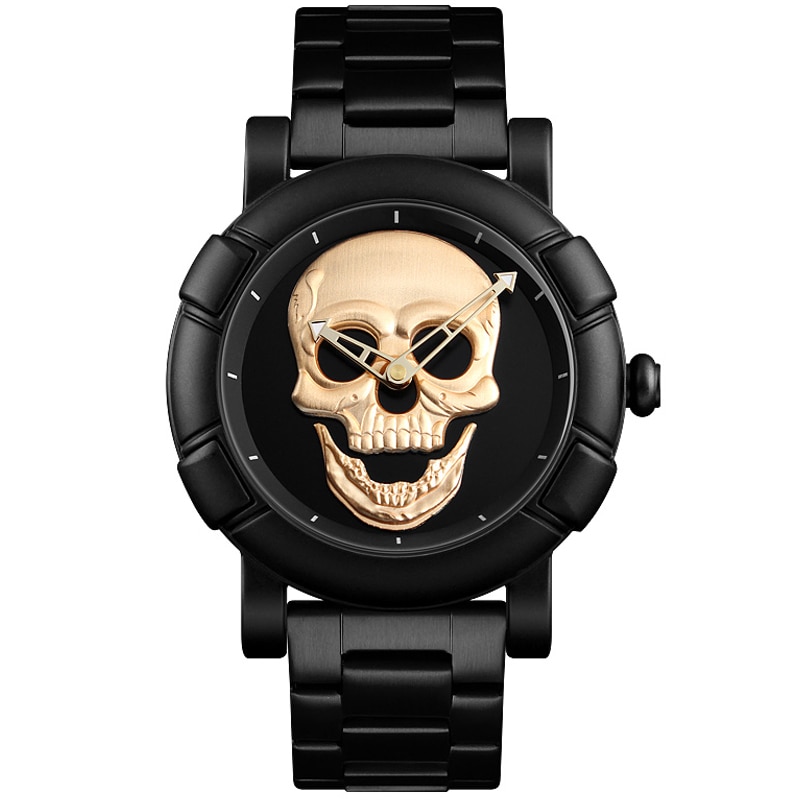 Black Gold Dial Quartz Watch Men 3D Skull Head Pattern Stainless Steel Steampunk Rock Engraved Cool Mexico Man Male reloj hombre