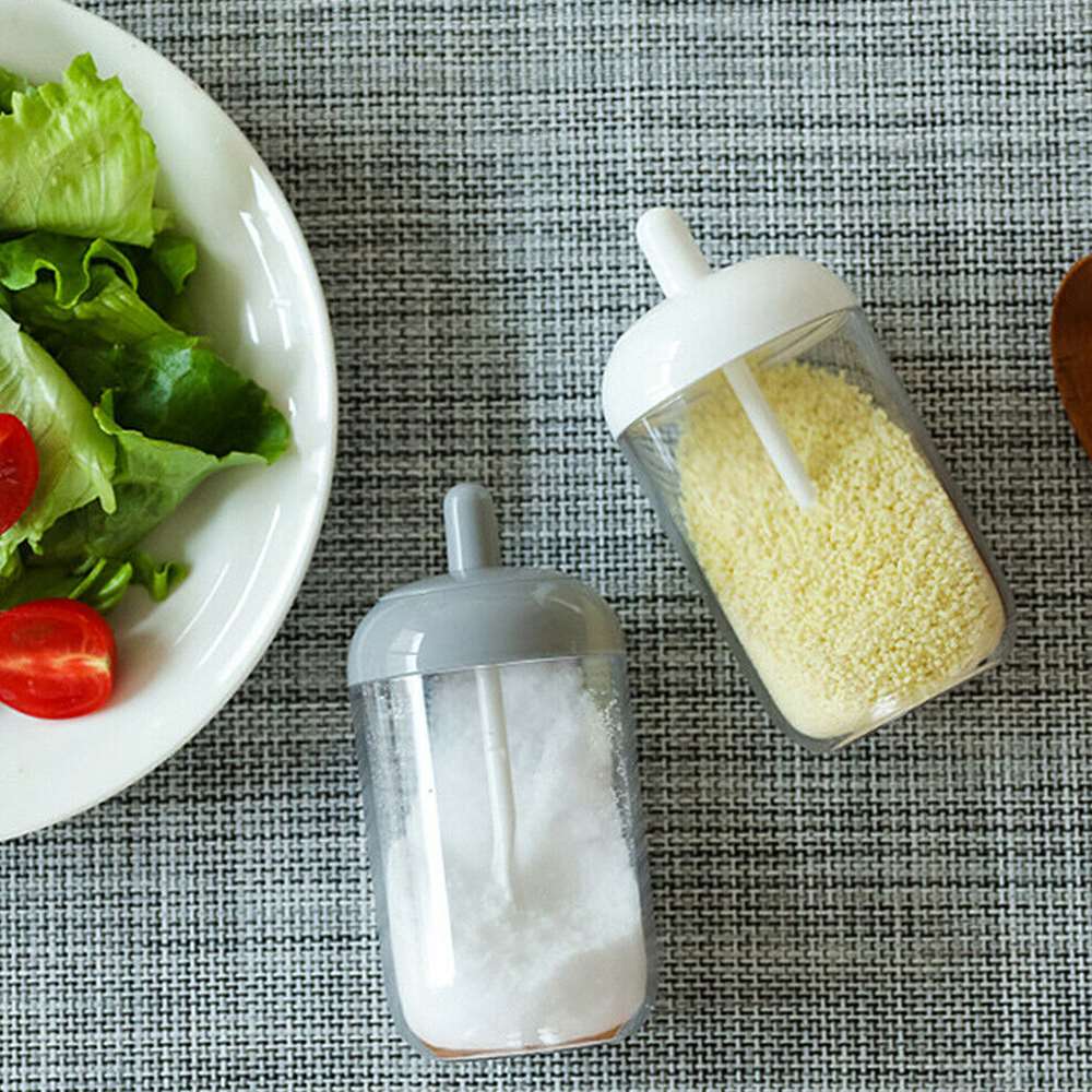 Maustepurkki maustesäilytys maustepulloastia läpinäkyvä mauste suolasirotin keittiörasia lusikalla