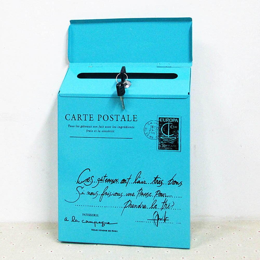 Iron Lock Letter Box Vintage Wall Mount Mailbox Mail Postal Letter Newspaper Box LBShipping: blue