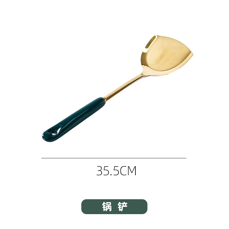 Nordic luxe roestvrijstalen lange spatel, schep, keukengereedschapset, antiaanbaklaag, handwok, schep, keramische handgreep, kookgerei: F