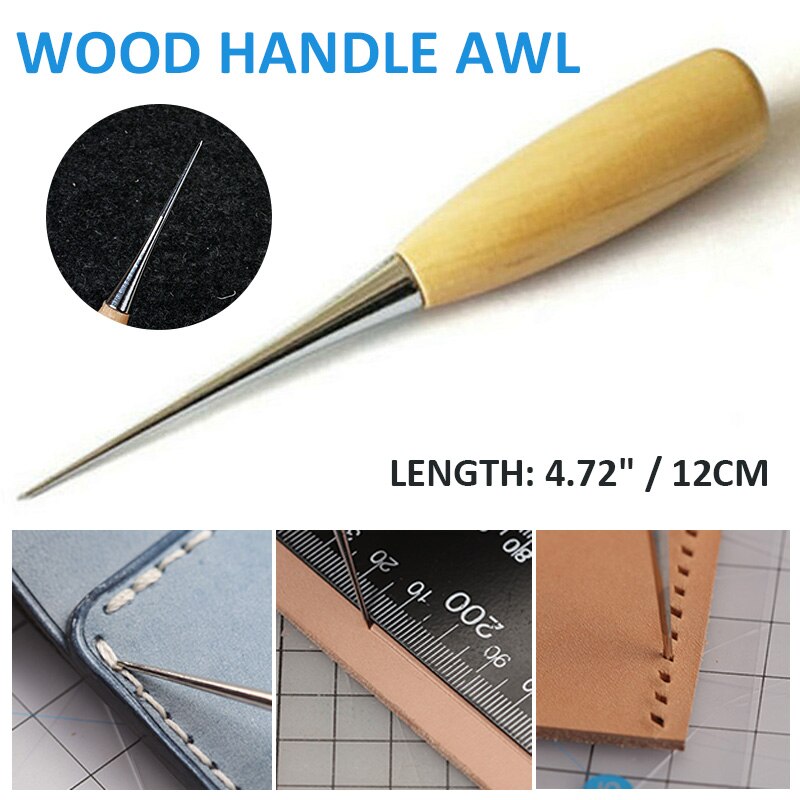 Awl Pinpoint Hole Punching Scratch Tool For Canvas Shoes Repair Threader Stitch Needle Wooden Handle Leather Awl Stitching Tool